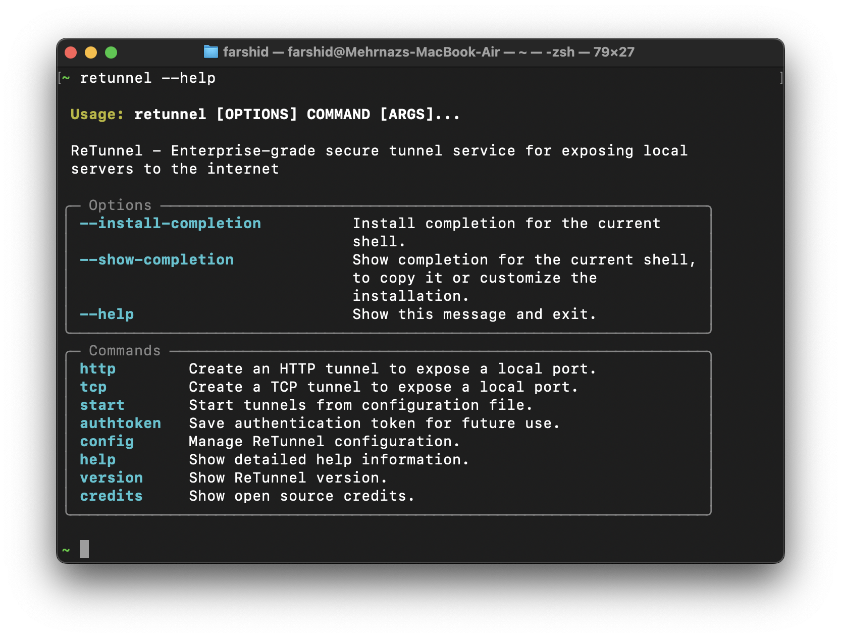 Retunnel running in a terminal.