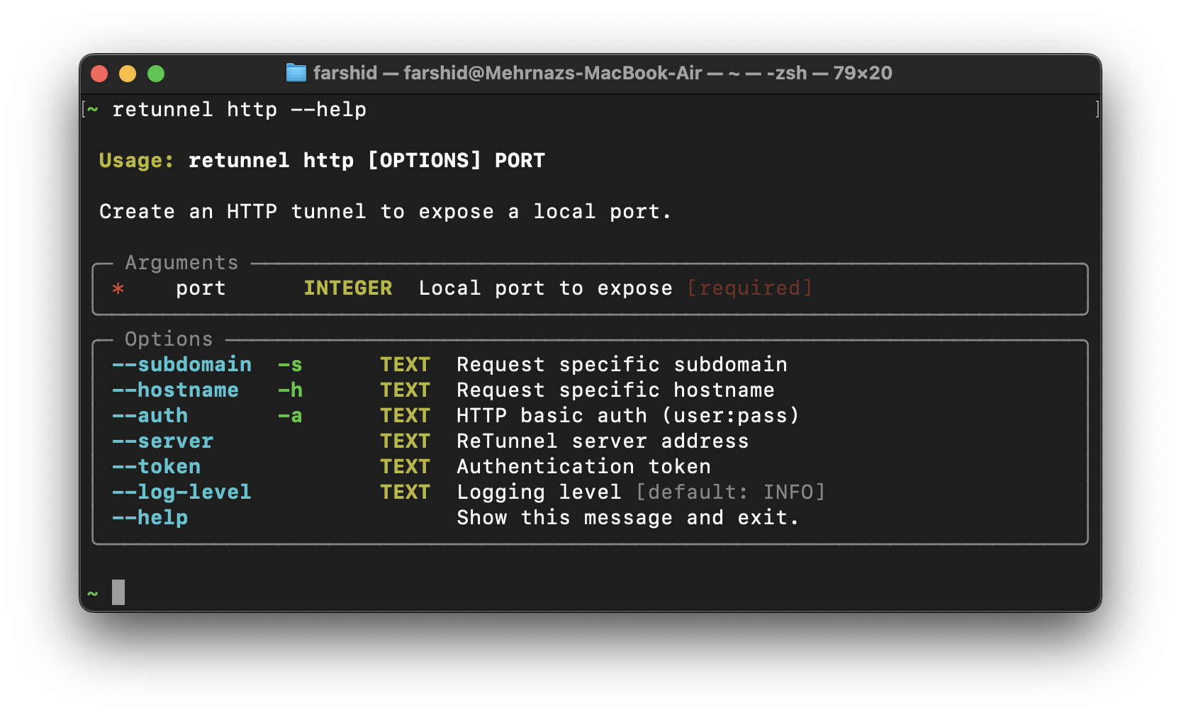 Retunnel help command output.